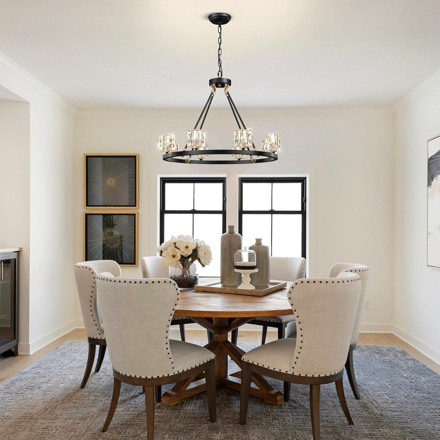 Black Wagon Wheel Chandelier, 8-Light Farmhouse Crystal Chandeleirs With Adjustable Height,Ceiling Hanging Light Fixture