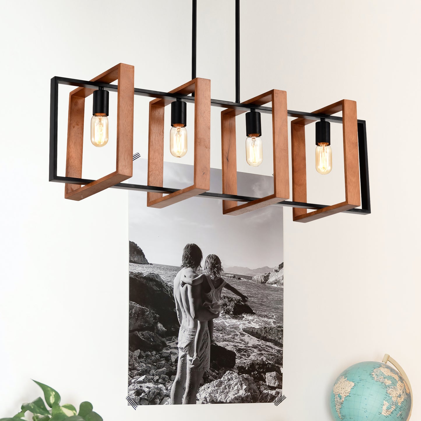 Rustic Wood And Black Metal Rectangular Chandelier, Hanging Lighting For Living Room,Conference Room, Home Office