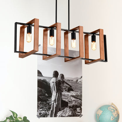 Rustic Wood And Black Metal Rectangular Chandelier, Hanging Lighting For Living Room,Conference Room, Home Office