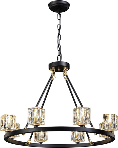 Black Wagon Wheel Chandelier, 8-Light Farmhouse Crystal Chandeleirs With Adjustable Height,Ceiling Hanging Light Fixture