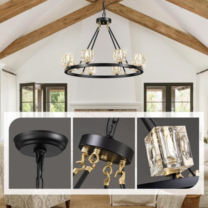 Black Wagon Wheel Chandelier, 8-Light Farmhouse Crystal Chandeleirs With Adjustable Height,Ceiling Hanging Light Fixture