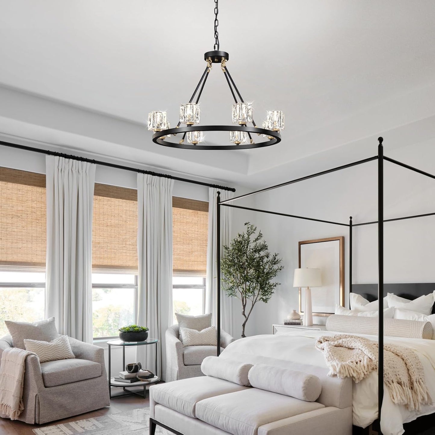 Black Wagon Wheel Chandelier, 8-Light Farmhouse Crystal Chandeleirs With Adjustable Height,Ceiling Hanging Light Fixture