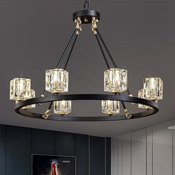 Black Wagon Wheel Chandelier, 8-Light Farmhouse Crystal Chandeleirs With Adjustable Height,Ceiling Hanging Light Fixture