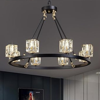 Black Wagon Wheel Chandelier, 8-Light Farmhouse Crystal Chandeleirs With Adjustable Height,Ceiling Hanging Light Fixture
