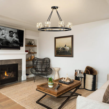 Black Wagon Wheel Chandelier, 8-Light Farmhouse Crystal Chandeleirs With Adjustable Height,Ceiling Hanging Light Fixture