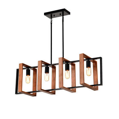 Rustic Wood And Black Metal Rectangular Chandelier, Hanging Lighting For Living Room,Conference Room, Home Office